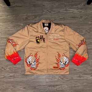 Brand X Studio Golden State Work Jacket Tan Graphic Fire Skull Men's Large